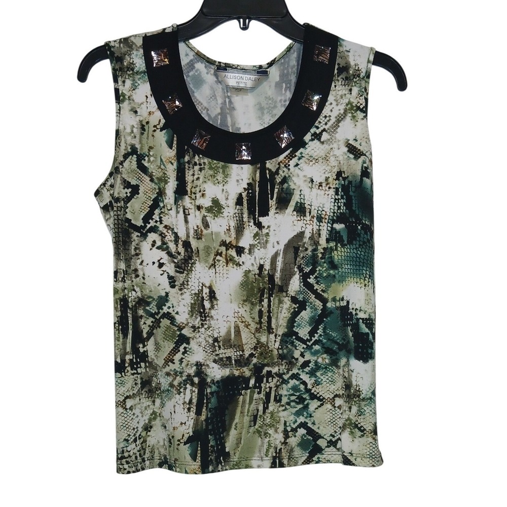 Allison Daley Tank Top Womens Petite PS Green Snakeskin Studded Neck Shell Top